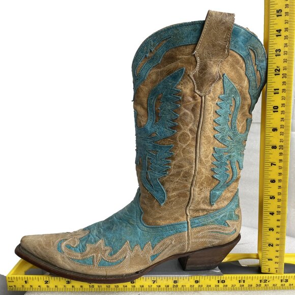 Corral Women's Leather Turquoise Tan Snip Toe Cowgirl Western Cowboy Boots 8 M - Picture 13 of 14